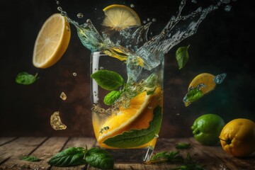 Sticker - Lemonade is poured into a glass with a splash, and the backdrop is a blurry green. a cool beverage during the summer. lemon in cold detox water. Generative AI