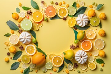 Sticker - Summer tropical fruit frame with orange, lemon, lime, and mango on a yellow backdrop. notion of food. top perspective and a flat lay. Generative AI