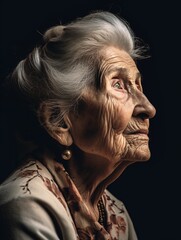 Close-up portrait of beautiful old woman, profile view, over black background, AI generative.