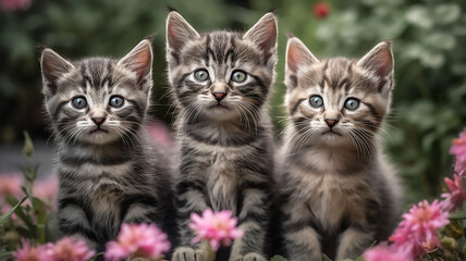 Three little kittens sitting near pink flowers, generative ai tools 