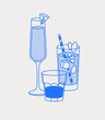 Mimosa, mojito, and a short drink. Line art, retro. Vector illustration for bars, cafes, and restaurants.