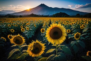 Sticker - Summer sunflower field landscape in Japan. Generative AI