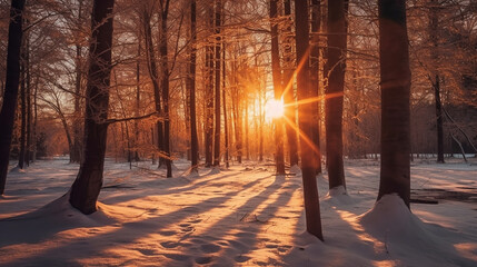 Wall Mural - Sunset in the winter forest. Beautiful winter landscape with sun rays.generative  ai