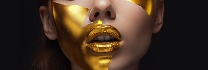 Banner. Golden lipstick closeup. Metal gold lips. Beautiful makeup.  Copyspace. Generative AI