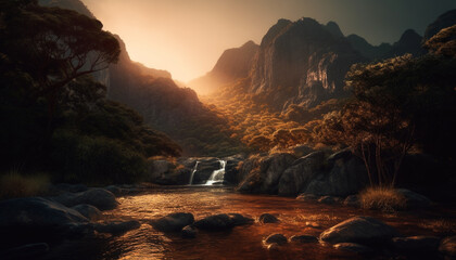 Sticker - Majestic mountain peak, tranquil sunset, flowing water generated by AI