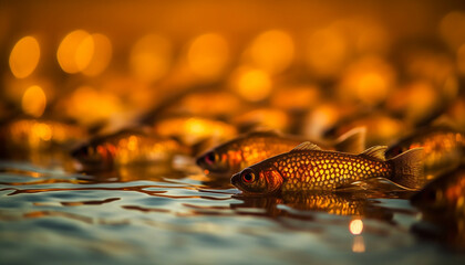 Canvas Print - Golden fish swims in tranquil blue pond generated by AI