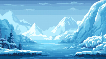 pixel art ice arctic nature game level background, winter landscape, iceberg, snow mountains hills, 