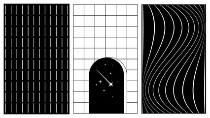 Poster - Set of abstract aesthetic y2k geometric elements and 3D wireframe shapes. Black and white retro line design elements. Vector illustration for social networks or posters. EPS 10