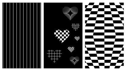 Poster - Set of abstract aesthetic y2k geometric elements and 3D wireframe shapes. Black and white retro line design elements. Vector illustration for social network or poster on transparent background.