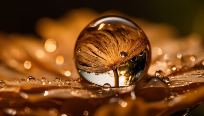 Sticker - Shiny dew drops on wet green leaf generated by AI