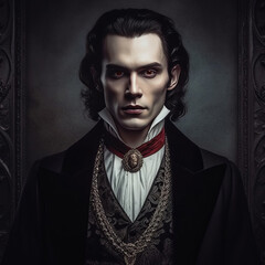 Poster - Dark-Haired Vampire in Suit, Victorian Man Gothic Aesthetic Portrait Illustration [Generative AI]