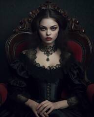 Poster - Woman in Red Chair and Black Lace Dark Victorian Gothic Aesthetic Portrait Illustration [Generative AI]