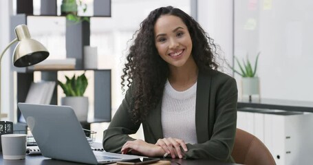 Aufkleber - Business woman, face and smile in a office with laptop and happiness from work. African female worker, entrepreneur and young employee portrait at a desk for company website management job with tech