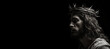 © JoelMasson - Black and white photorealistic studio portrait of Jesus Christ wearing a crown of thorns on black background. Generative AI illustration