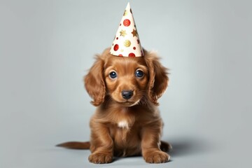 Cute dog in a birthday hat. Pet birthday concept. AI generated, human enhanced