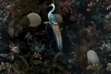 Wall Mural - Tiles wallpaper with birds in a forest. AI generated, human enhanced