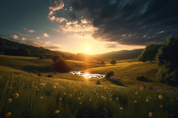 Wall Mural - Beautiful sunset over a wide landscape