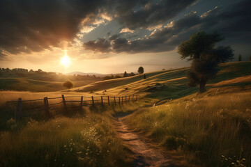 Wall Mural - Beautiful sunset over a wide landscape