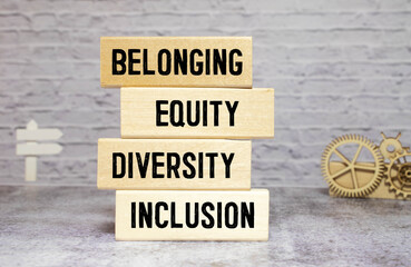Diversity Inclusion Belonging Equity symbol. Concept words Diversity Inclusion Belonging Equity on wooden blocks.