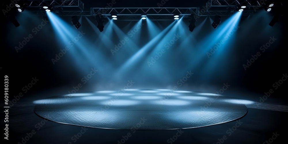 Blue spotlights shine on stage floor in dark room, idea for background ...