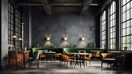 Industrial style bar corner with dark gray walls, Generative AI