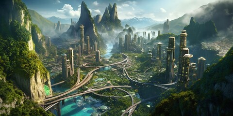 futuristic high-tech city with advanced infrastructure, science fiction cityscape, fictional landsca