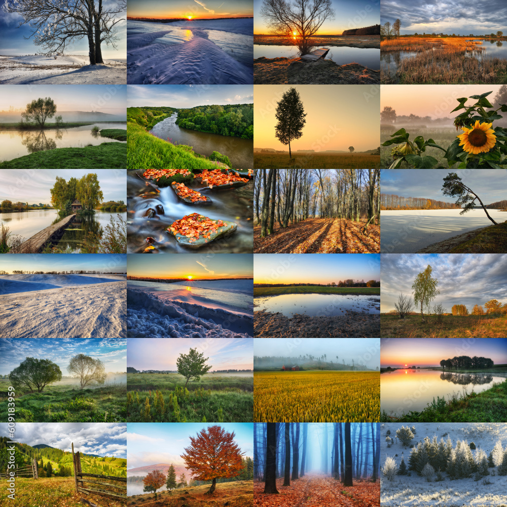Twelve Colored Images of landscape For Calendar. four seasons: winter ...