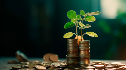 Wall Mural - a row of stacks of coins with a plant growing out of them. Tree leaf on save money coins, Business finance saving banking investment concept. Generative AI