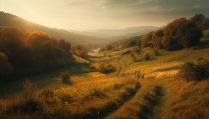 Poster - Mountain peak reflects multi colored sunset over meadow generated by AI