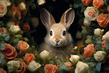 Wall Mural - Sweet rabbit with velvet fur, surrounded by roses . Generative AI.