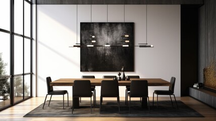 Interior design inspiration of Modern Minimalist style home dining room loveliness decorated with Wood and Metal material and Chandelier .Generative AI home interior design .