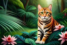 An Adventurous Bengal Cat Exploring A Lush Tropical Jungle, With Vibrant Flowers And Exotic Birds - Generative AI Technology