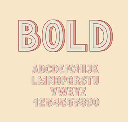 Sticker - Retro 3d Old Style Volumetric Font. English Bold Alphabet. Cartoon Letters and Numbers.