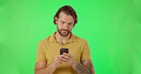 Poster - Annoyed, man and phone in green screen studio with bad, signal and poor connection on mockup background. Smartphone, glitch and male frustrated with internet, problem and error or network delay