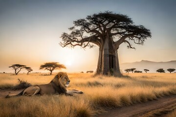 Wall Mural - A regal lion resting under the shade of a mighty baobab tree in the African savannah