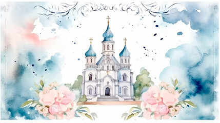 Canvas Print - Watercolor Baptism Celebration Card with Church Frame. Generative AI