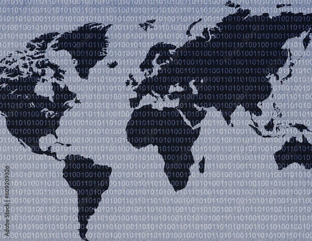 World map with binary code behind it. Stock Photo | Adobe Stock