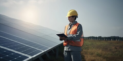 Female engineer working at solar farm wearing hard hat. Generative AI AIG20.