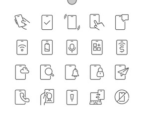 Sticker - Using phones. Hand hold smartphone. Mobile application. Pixel Perfect Vector Thin Line Icons. Simple Minimal Pictogram