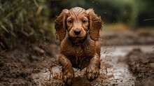 Dirty Little Dog In A Puddle In The Mud On The Road After Spring Rain. A Cocker Spaniel Puppy Playing Around On The Mud. Realistic 3D Illustration. Generative AI