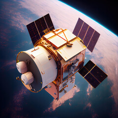 Wall Mural - old abandoned space satellite above the planet earth. generative ai.