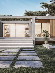 Wall Mural - Architecture 3d rendering illustration of minimal modern house with natural landscape