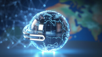 Poster - network concept a shielded globe representing secure worldwide data transmission, showcasing the interconnectedness of privacy protection on a global scale, Generative AI
