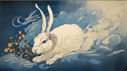 an old-fashioned zodiac mountain with a lively feeling of a rabbit blue and white abstract, elegant 