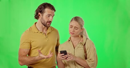 Poster - Green screen, travel and couple with a smartphone, connection and direction against a studio background. Tourist, man or woman with a cellphone, mobile app and search for info, lost and conversation