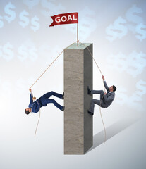 Wall Mural - Competition concept with two businessmen climbing tower