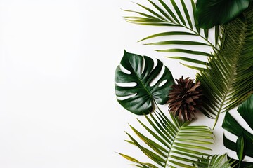 Sticker - tropical foliage and pine cones on a plain white background Generative AI