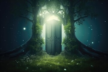 Poster - an open door in the middle of a lush green forest Generative AI