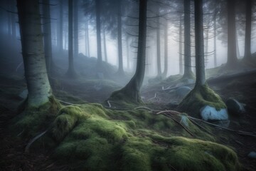 Poster - lush green forest with moss-covered ground and tall trees in the background Generative AI