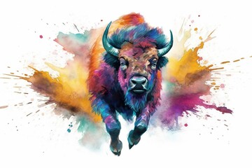 Wall Mural - watercolor of a running Buffalo